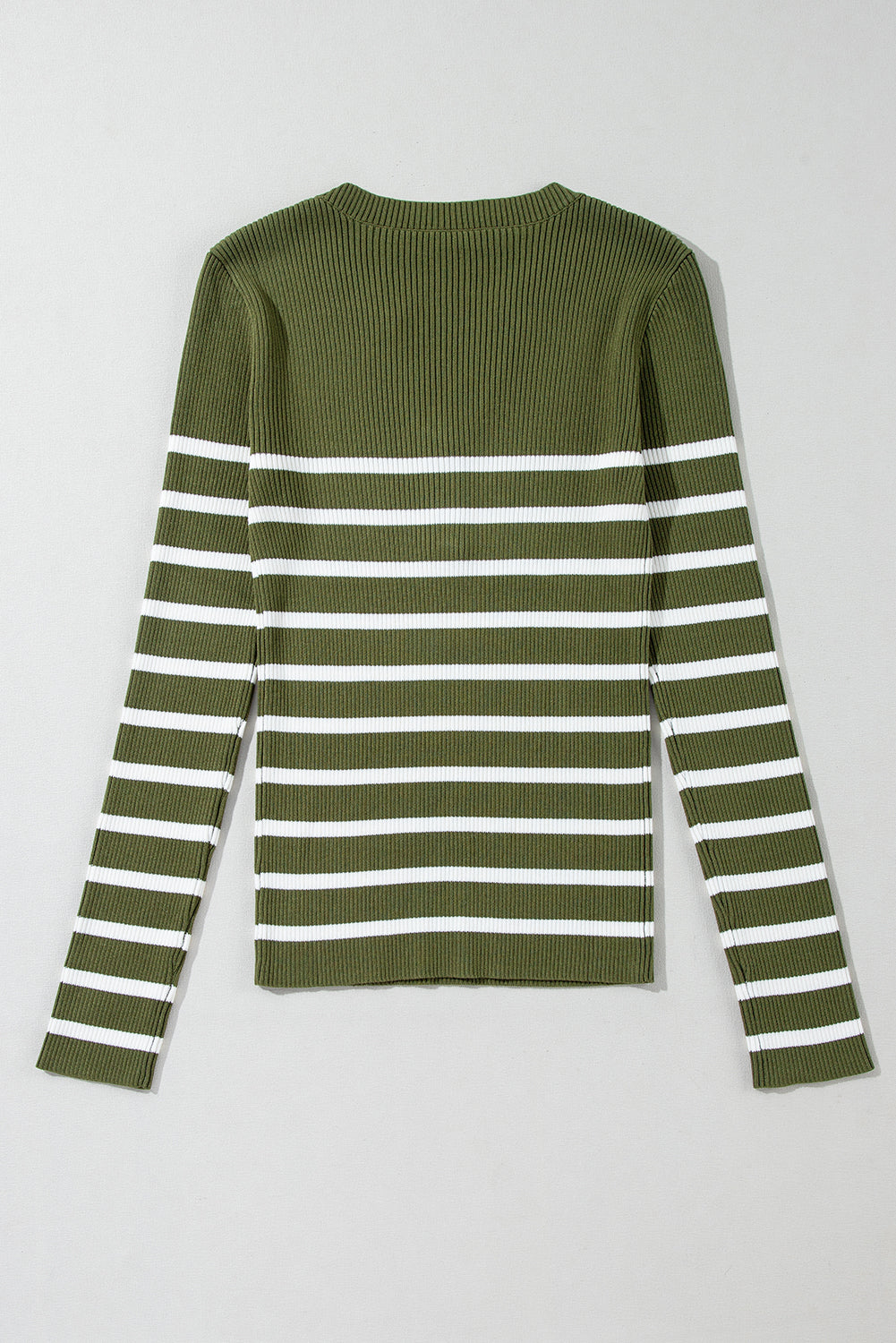 Green Stripe Ribbed Knit Henley Buttons Slim Fit Sweater