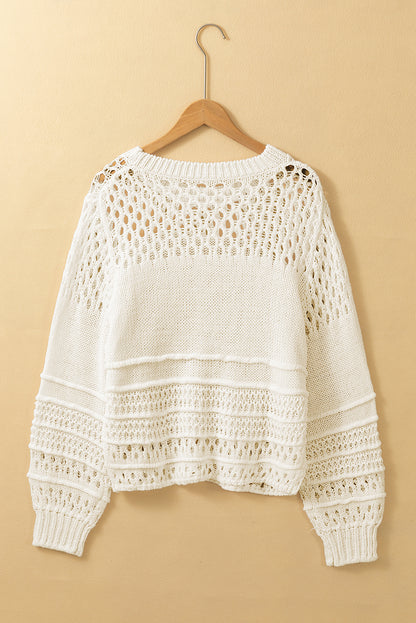 White Solid Color Pointelle Knit Puff Sleeve Sweater