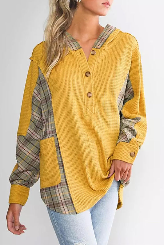 Amarelo Waffle Malha Xadrez Patchwork Bolso Henley Hoodie