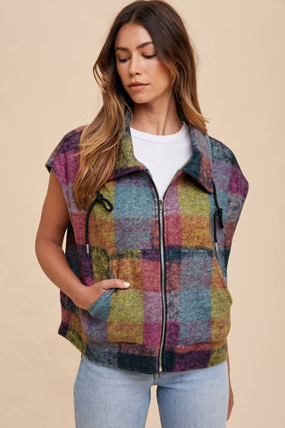 Multicolor Plaid Print Side Pockets Zipped Loose Vest