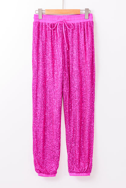 Pantalon de jogging taille haute à sequins et lien rose