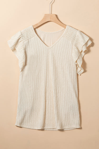 Apricot Crinkle Textured V Neck Flutter Sleeve Top