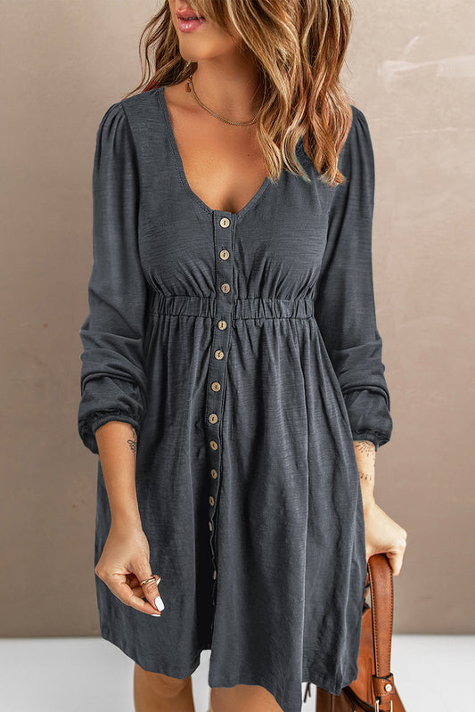 Brown Button Up High Waist Long Sleeve Dress