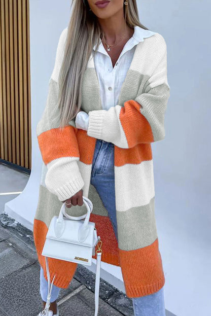 Cardigan mi-long rayé orange à épaules tombantes et blocs de couleurs