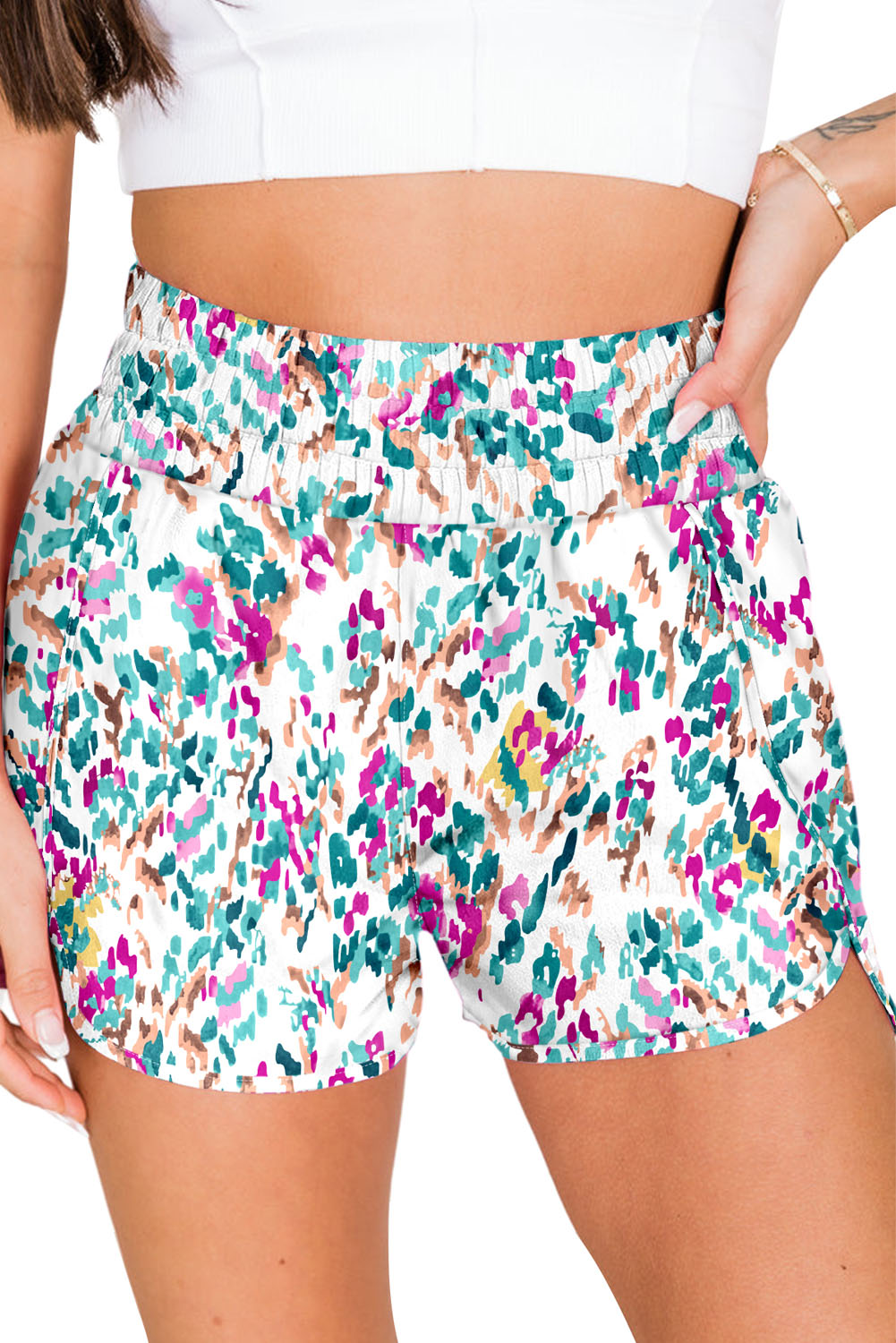 Shorts atléticos de cintura alta leopardo marrom