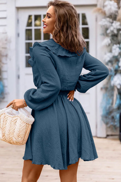 Khaki Textured Ruffled V Neck High Waist Mini Dress