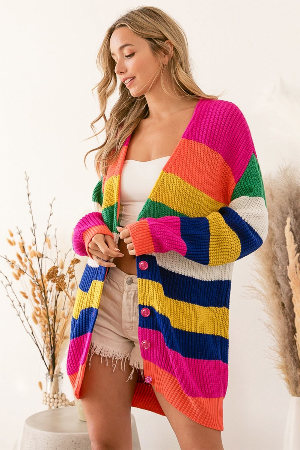 Cardigan long imprimé à rayures multicolores