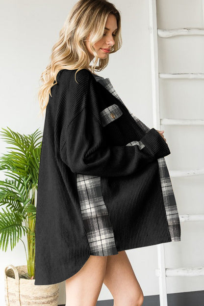 Apricot Plaid Patchwork Waffle Thermal Knit Shacket