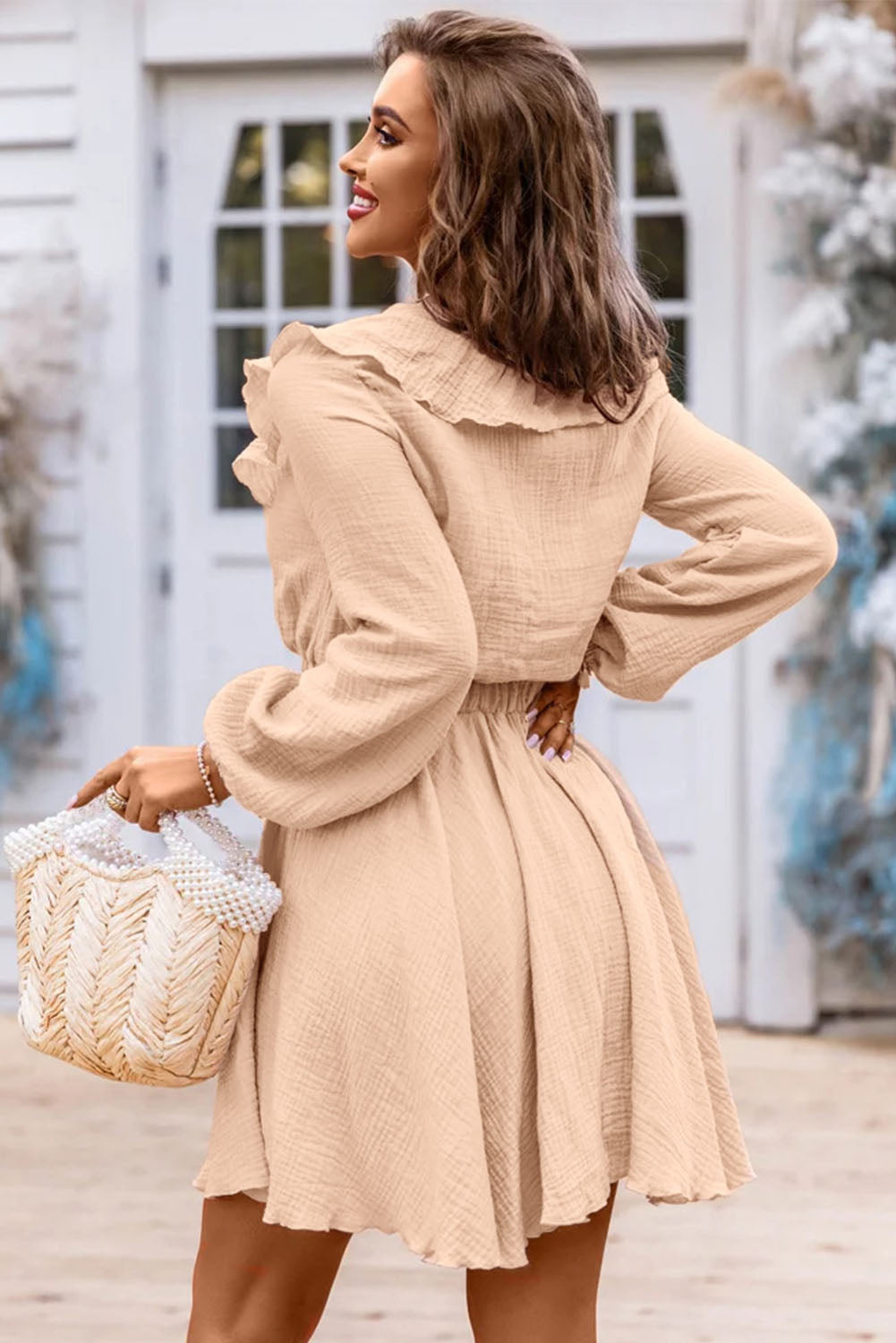 Khaki Textured Ruffled V Neck High Waist Mini Dress