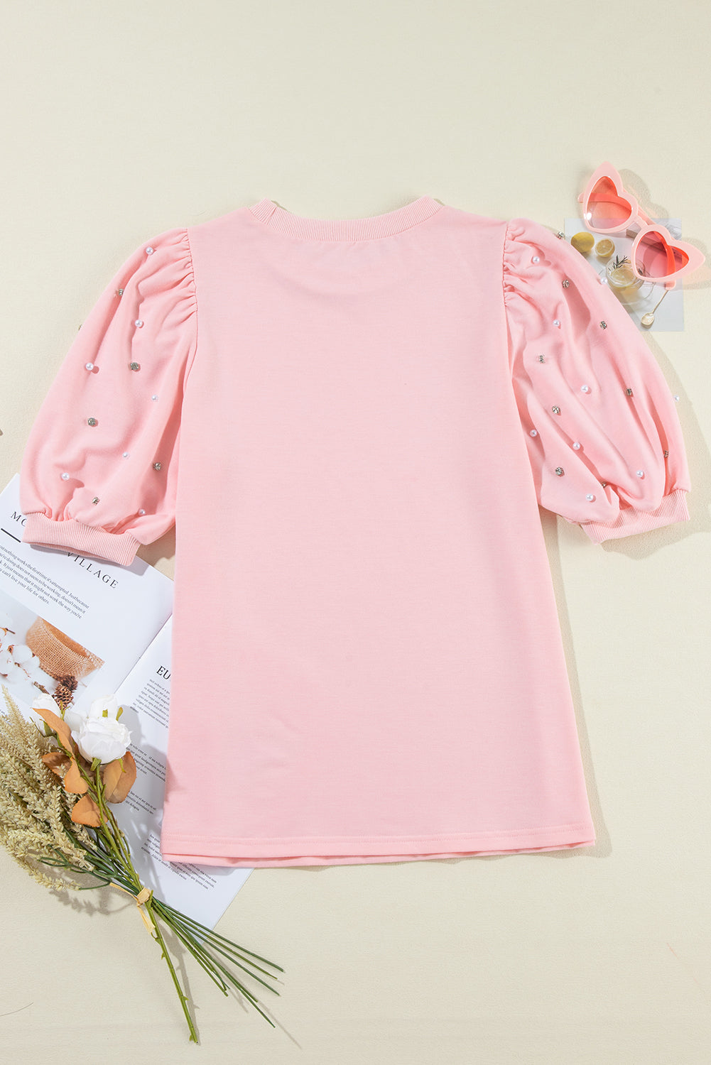 Top de meia manga com strass pérola rosa claro