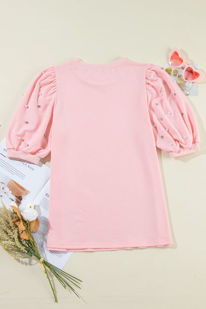 Top de meia manga com strass pérola rosa claro