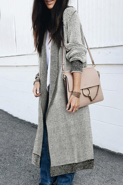 Cardigan Duster com Bolsos em Malha Texturizada Cinza