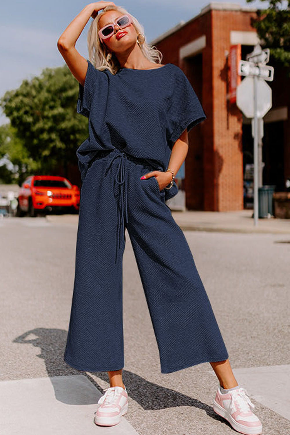 White Textured Loose Fit T Shirt and Drawstring Pants Set