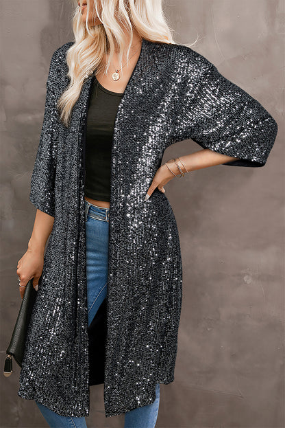 Kimono argenté à manches 3/4 et sequins