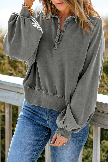 Sky Blue Washed Snap Buttons Lantern Sleeve Pullover Sweatshirt