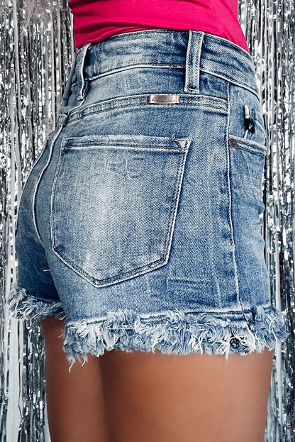 Shorts jeans skinny de cintura alta com bainha crua azul