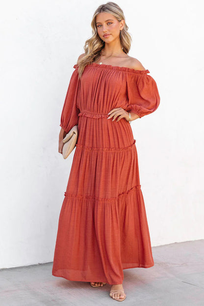 Orange Off Shoulder Balloon Sleeve Cutout Ruffled Maxi Dress