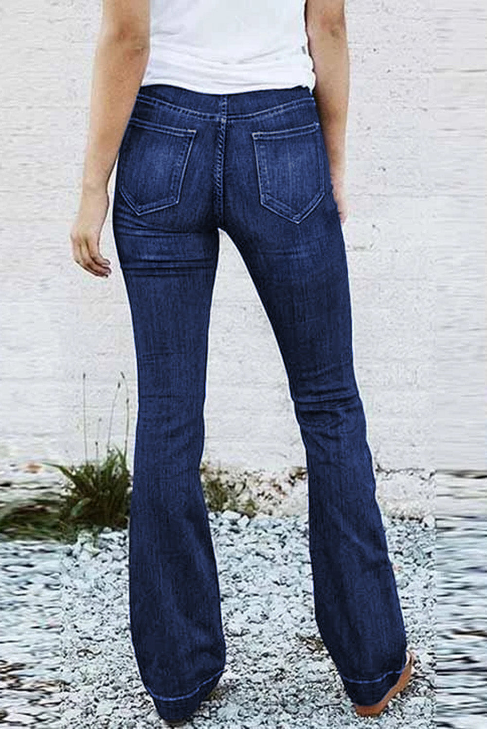 Jeans flare com cintura elástica azul de cintura alta