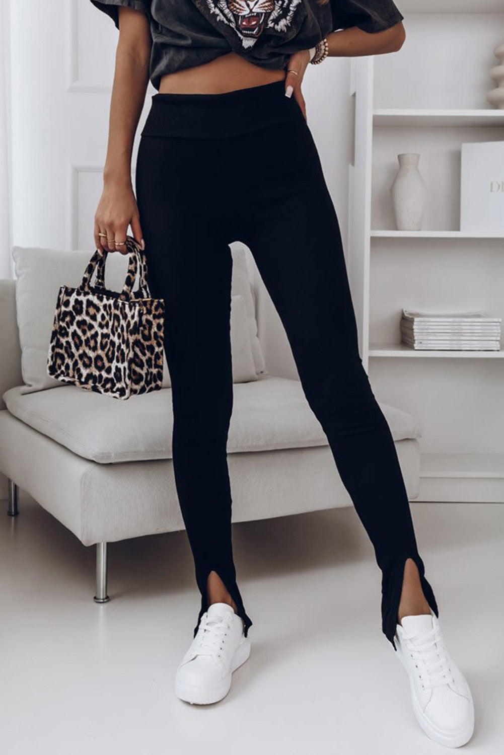 Leggings com fenda de cintura alta em malha canelada preta