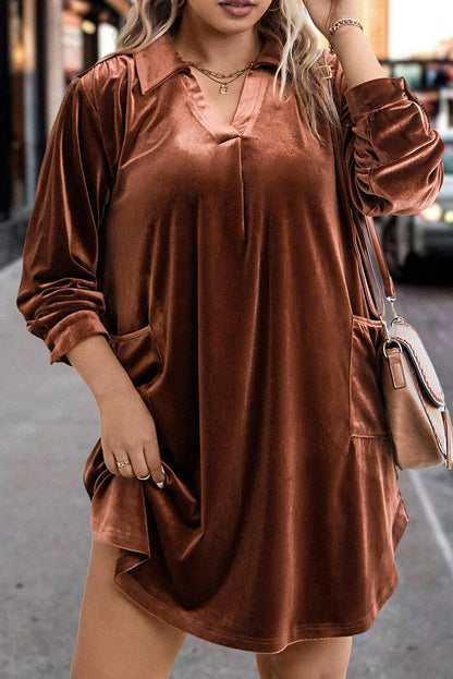 Coffee Plus Size V Neck Collared Pleated Back Rounded Hem Velvet Dress