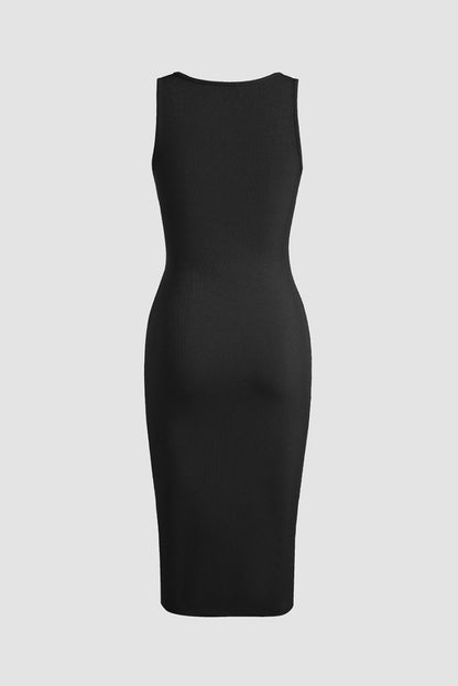 Black Drawstring Ruched Side Split Ribbed Midi Dress