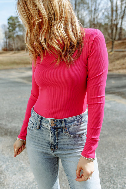 Rose Ribbed Knit High Neck Long Sleeve Top