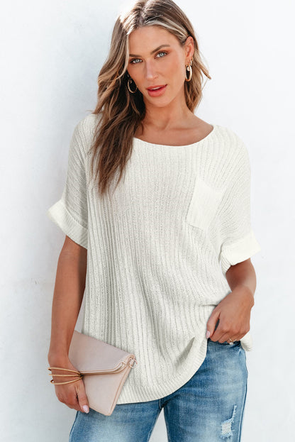 White Rolled Cuffs Loose Knit Tee with Slits