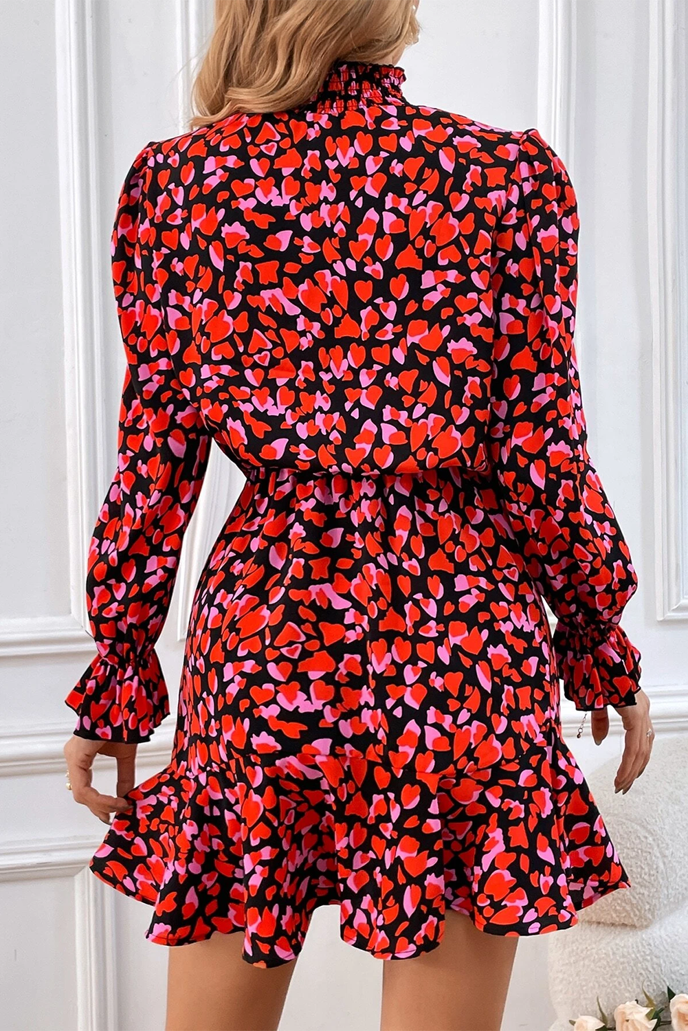 Red Valentines Day Heart Shape Print Long Sleeve Mini Dress - Posh Discount