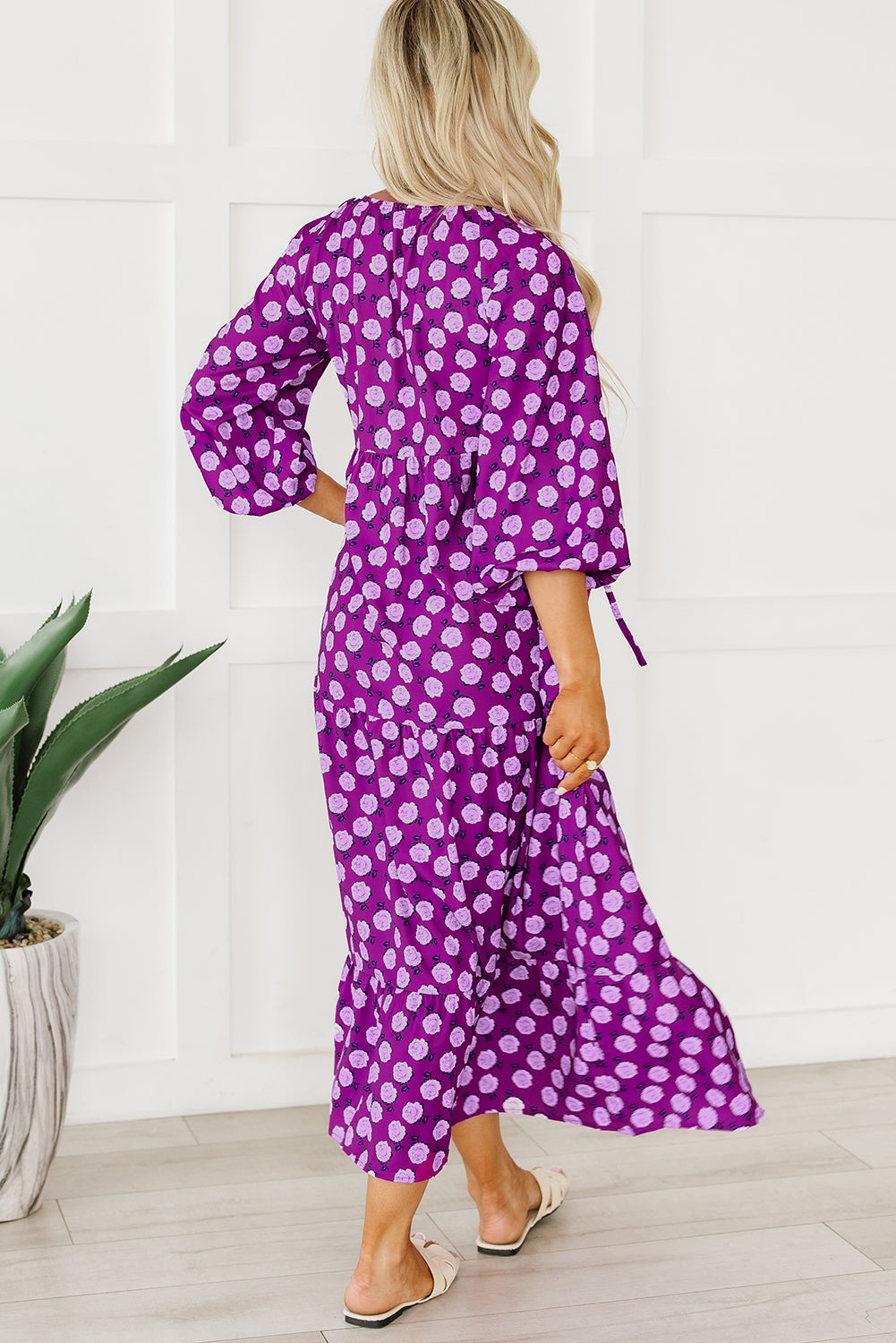 Vestido Maxi Roxo Boho Estampado Manga Puff