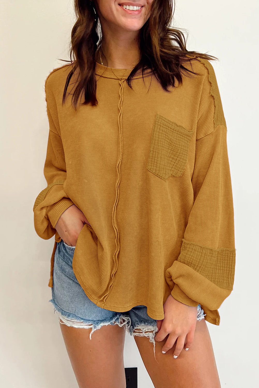 Dark Brown Exposed Seam Patchwork Bubble Sleeve Waffle Knit Top