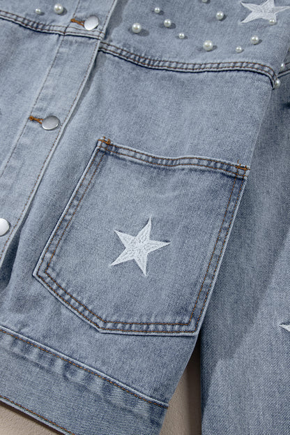 Sky Blue Distressed Pearls Star Cropped Denim Jacket