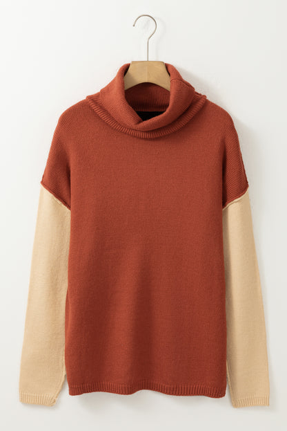 Clay Red Color Block Turtle Neck Drop Shoulder Knit Sweater