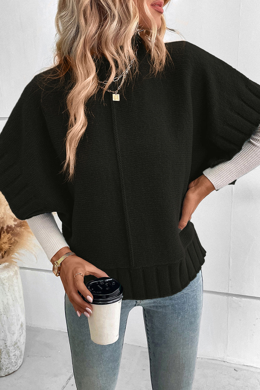 Medium Grey Mock Neck Batwing Short Sleeve Knit Sweater