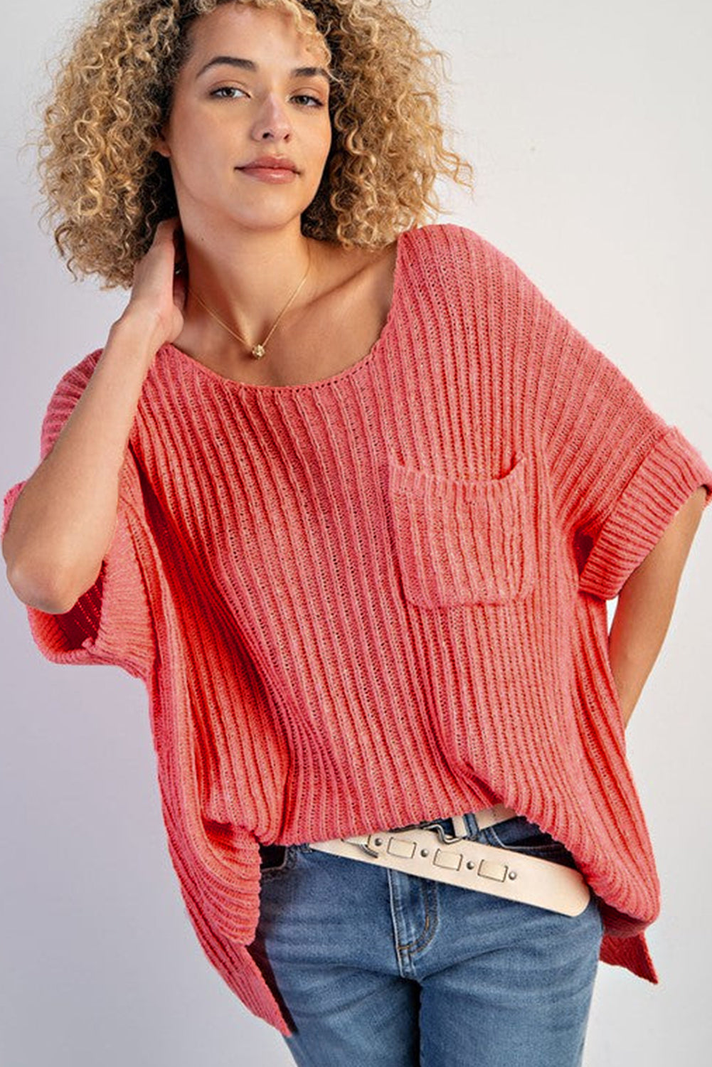 White Rolled Cuffs Loose Knit Tee with Slits