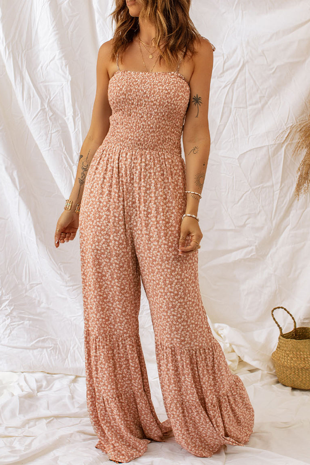 Dusk Blue Thin Straps Smocked Bodice Wide Leg Floral Jumpsuit