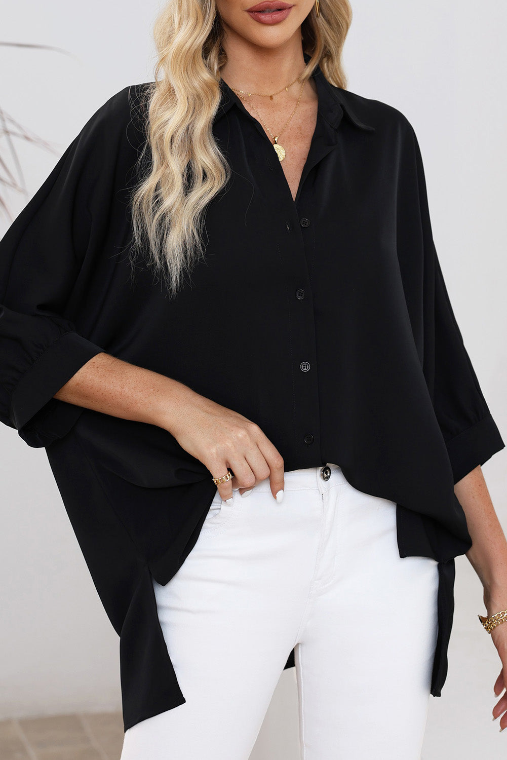 White 3/4 Puff Sleeve Oversize Shirt