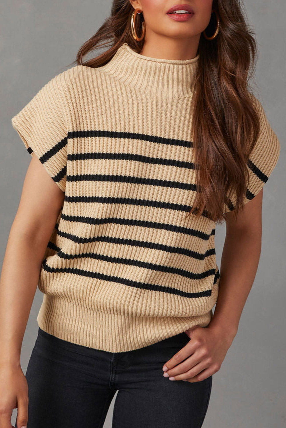 Parchment Striped Ribbed Knit High Neck Sweater