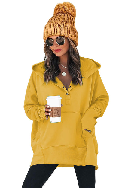 Yellow Batwing Sleeve Pocketed Henley Hoodie