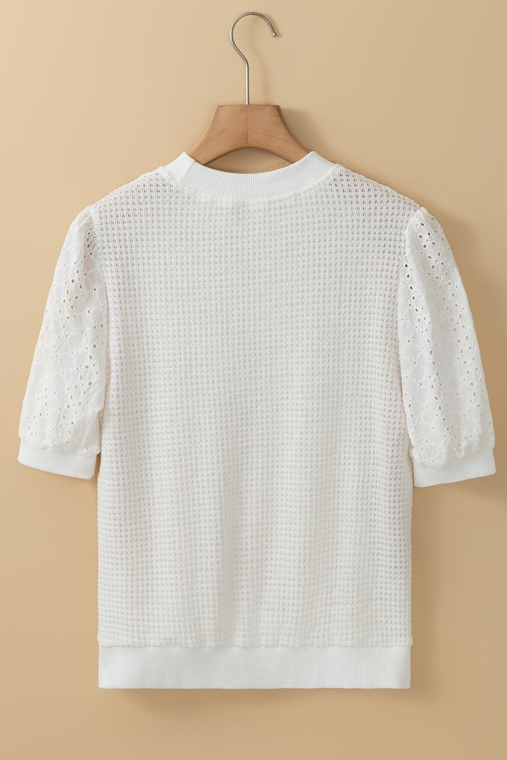 White Broderie Anglaise Puff Sleeve Waffle Knit Tee