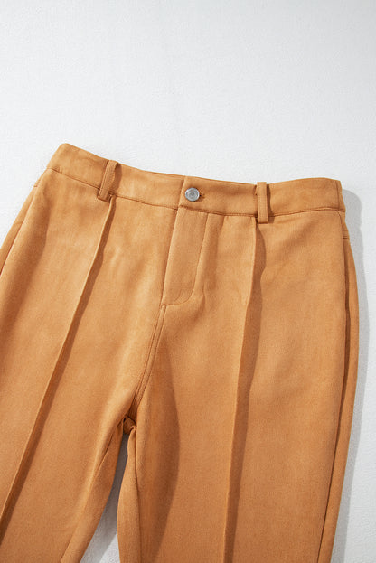 Brown Exposed Seam Flare Suede Pants with Pockets