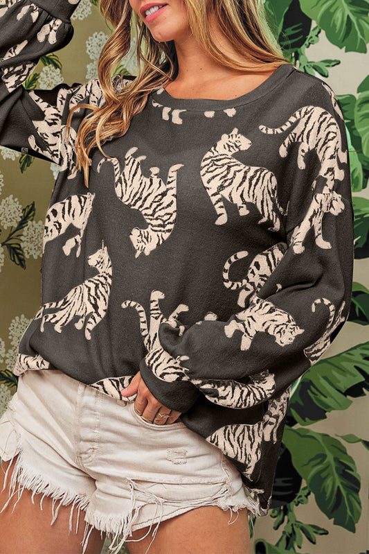 Lively Tiger Print Casual Sweatshirt