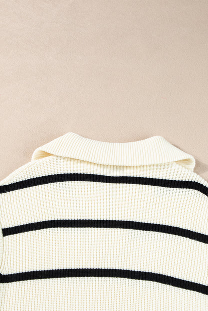 White Stripe Zipped Collar Cap Sleeve Knit Top