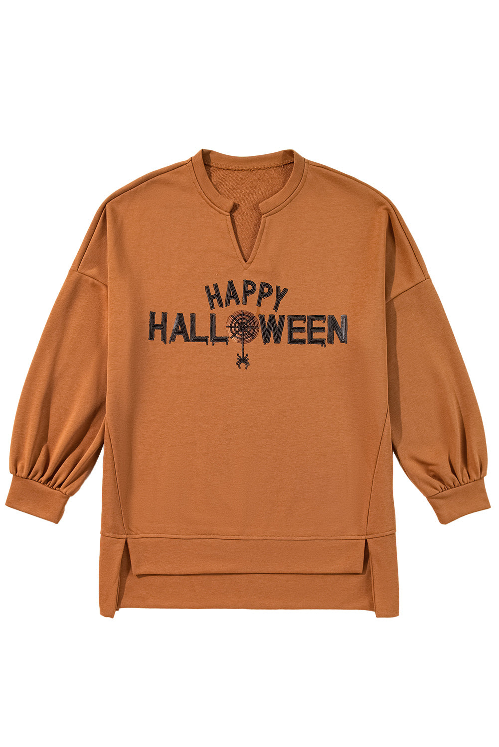 Chestnut Sequin Happy Halloween Graphic Notched Neck Long Sleeve Loose Top