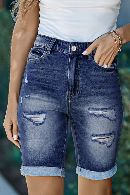 Bermuda Jeans Enrolável Envelhecida Azul