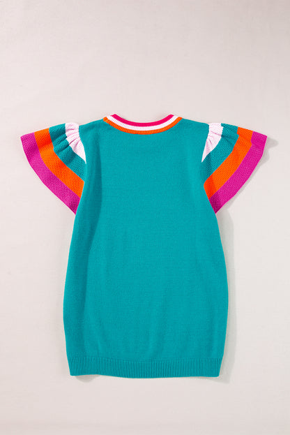 Carrot Contrast Flutter Sleeves Knitted Sweater T Shirt