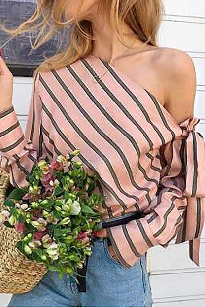 Blouse asymétrique rayée rose à épaules nouées