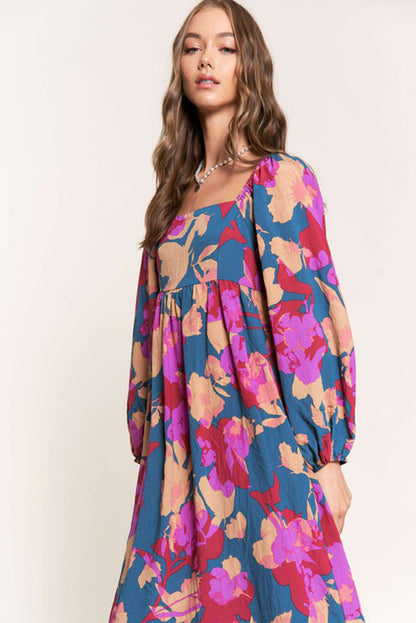 Robe taille haute à volants et col carré imprimé floral multicolore