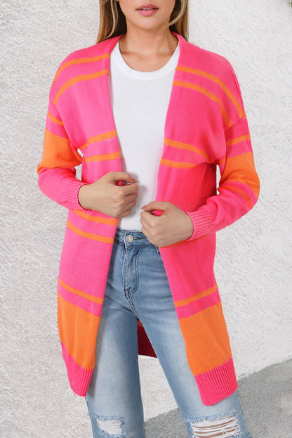 Multicolor Striped Long Sleeve Ribbed Trim Button Cardigan