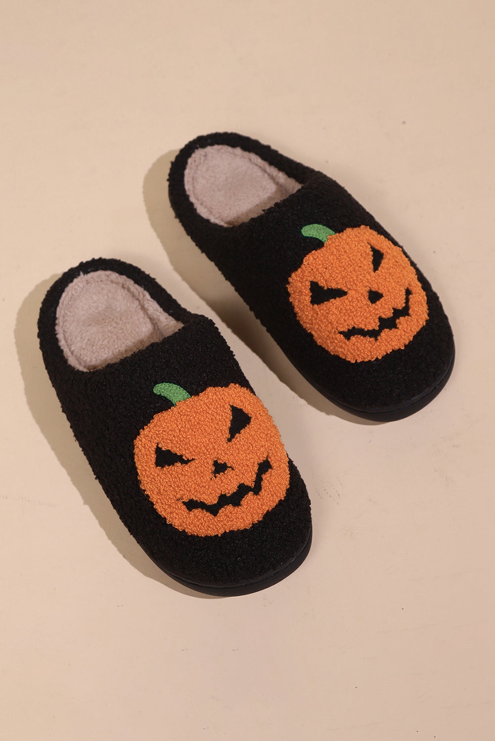 White Halloween Pumpkin Print Plush Slippers (Runs Small, Size Up)