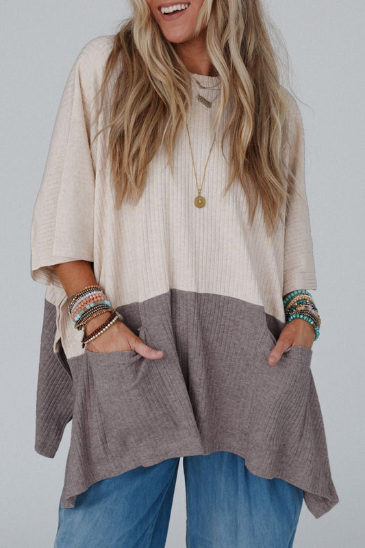 Pale Khaki Color Block Ribbed Knit Split Side Poncho